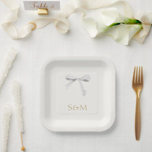 Off White   White Ribbon Bow Wedding  Paper Plate
