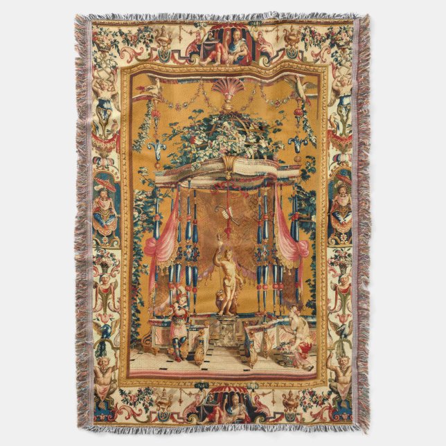 Offering to Bacchus Antique French Tapestry Print Throw Blanket (Front Vertical)