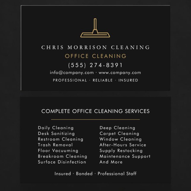 Office Cleaning Professional Black Gold Business Card (Creator Uploaded)