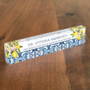 Office gifts blue tiles and lemons Italian themed Nameplate
