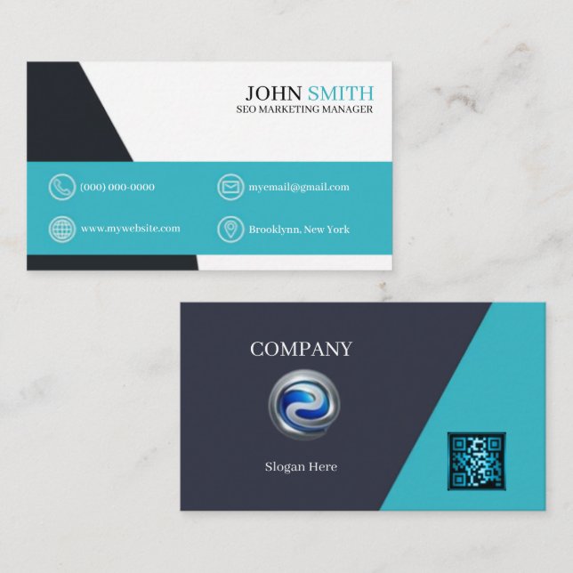Office Modern Turquoise Four Choice Logo QR Code Business Card (Front/Back)