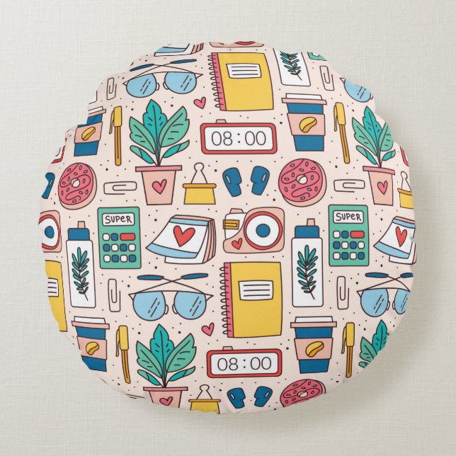 Office stationery. Seamless pattern, texture, back Round Cushion (Front)