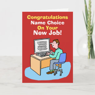 Office Worker at Computer. New Job. Card