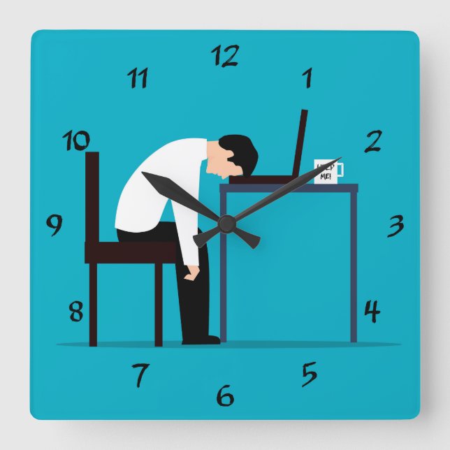 Office Worker Falling Asleep at Desk Square Wall Clock (Front)
