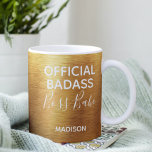 Official Badass Boss Babe Metallic Gold Name Coffee Mug<br><div class="desc">This modern design features a luxury brushed metallic gold background with the text "Official Badass Boss Babe" in modern typography personalised with your name below. Personalise by editing the text in the text box provided #mugs #coffee #coffeemugs #coffeelove #coffeelover #drinkware #kitchen #home #gifts #bossbabe #girlboss #boss #custom #trendy #feminine #girly...</div>