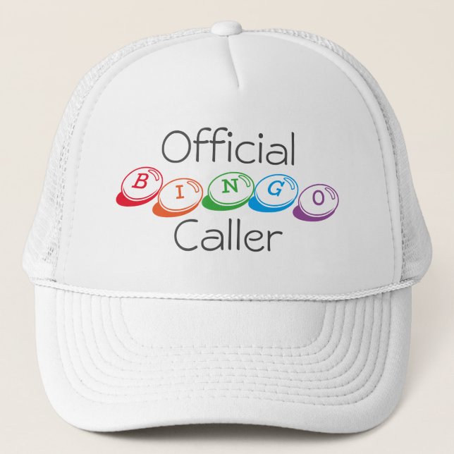 Official BINGO Caller in Colourful Lettering Trucker Hat (Front)