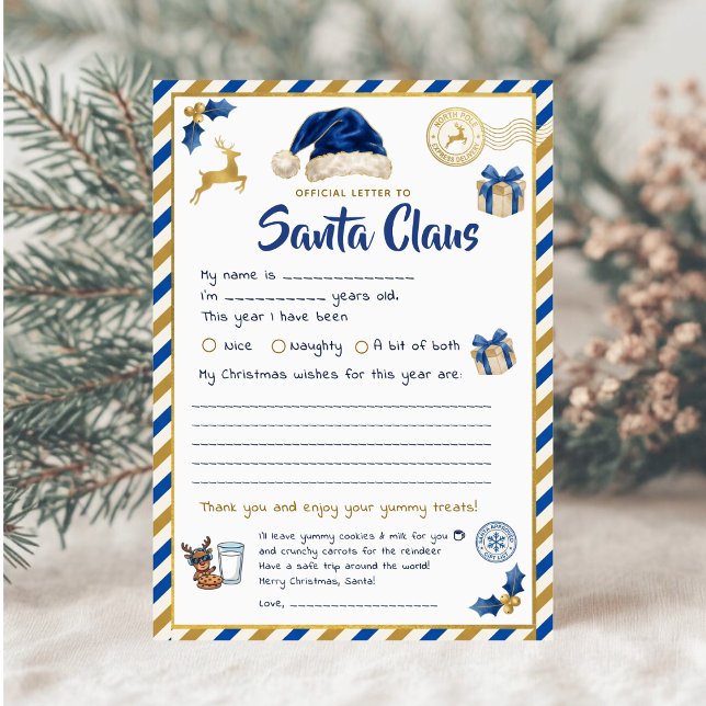 Official Letter to Santa Claus | Blue Gold Kids Holiday Card (Creator Uploaded)
