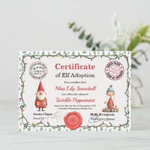 Official North Pole Elf Adoption Certificate Invitation