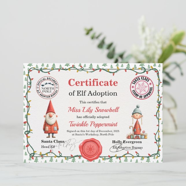 Official North Pole Elf Adoption Certificate  Invitation (Standing Front)