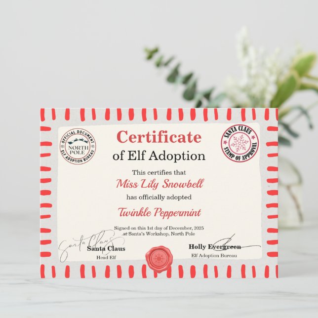 Official North Pole Elf Adoption Certificate  Invitation (Standing Front)