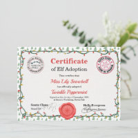 Official North Pole Elf Adoption Certificate