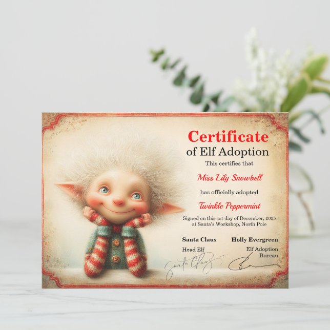 Official North Pole Elf Adoption Certificate  Invitation (Standing Front)