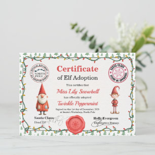 Official North Pole Elf Adoption Certificate Invitation