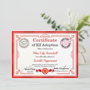 Official North Pole Elf Adoption Certificate Invitation