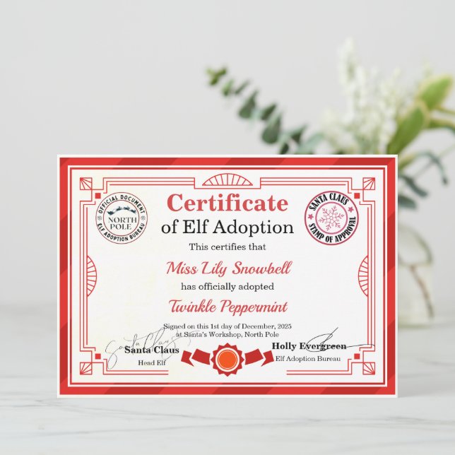 Official North Pole Elf Adoption Certificate  Invitation (Standing Front)