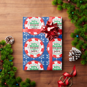 Official Seal From Santa Snowflakes on Blue Wrapping Paper