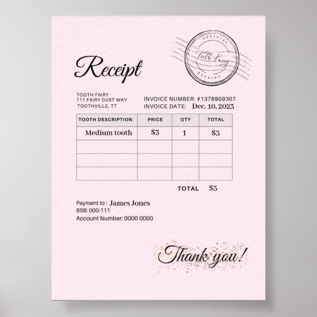 Official Seal Tooth Fairy Pillow Money Receipt  Poster (Front)