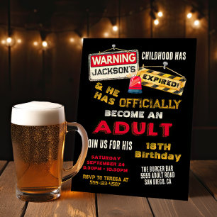 Officially an Adult Warning turning 18 Birthday Invitation