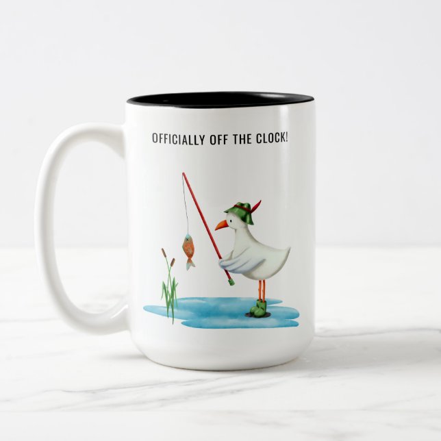 Officially Off the Clock Funny Seagull Fishing Two-Tone Coffee Mug (Left)