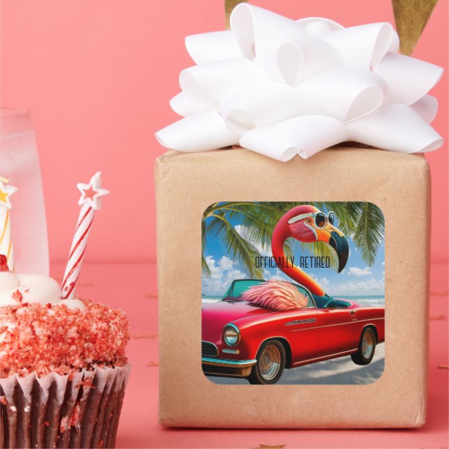 Officially Retired Flamingo & Convertible on Beach Square Sticker (Party)
