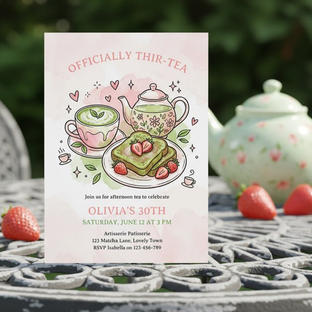 Officially Thir-Tea Matcha Tea Party 30th Birthday Invitation (Match Tea Party Invitation - "Officially Thir-tea" 30th birthday (can edit to Twen-Tea, For-Tea etc))