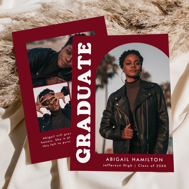 Offset Arch Burgundy 4 Photo Graduation Announcement (Creator Uploaded)