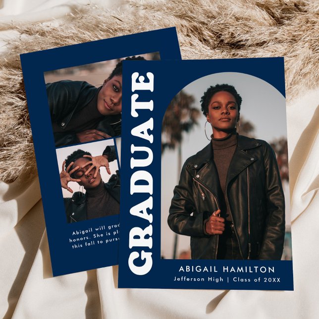 Offset Arch Navy Blue 4 Photo Graduation Announcement (Creator Uploaded)