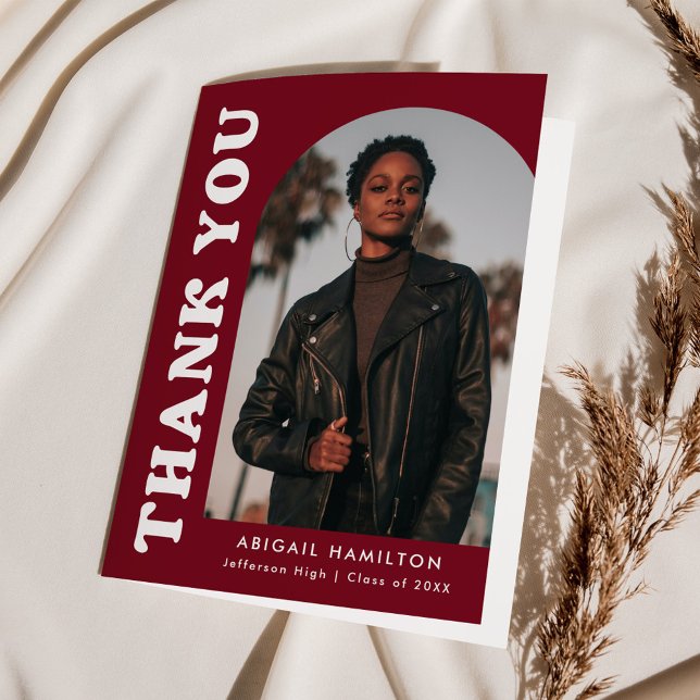 Offset Burgundy Arch 4 Photo Graduation Thank You Card (Creator Uploaded)