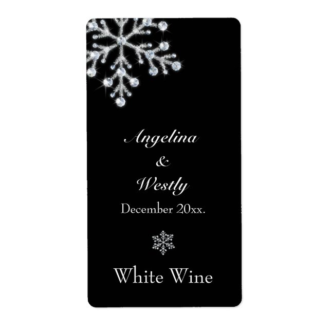 Offset Crystal Snowflake Wedding Wine Label black (Front)