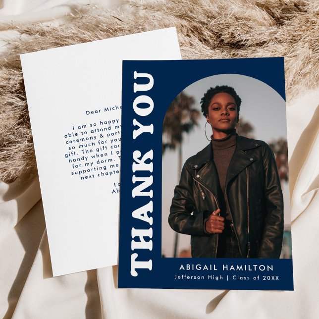 Offset Navy Blue Arch Photo Graduation Thank You Card (Creator Uploaded)