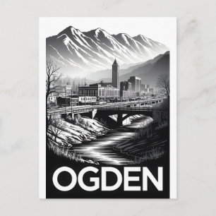 Ogden Utah Skyline Black White Woodcut Holiday Postcard