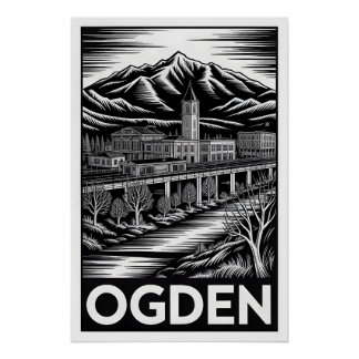 Ogden Utah Skyline Black White Woodcut Poster