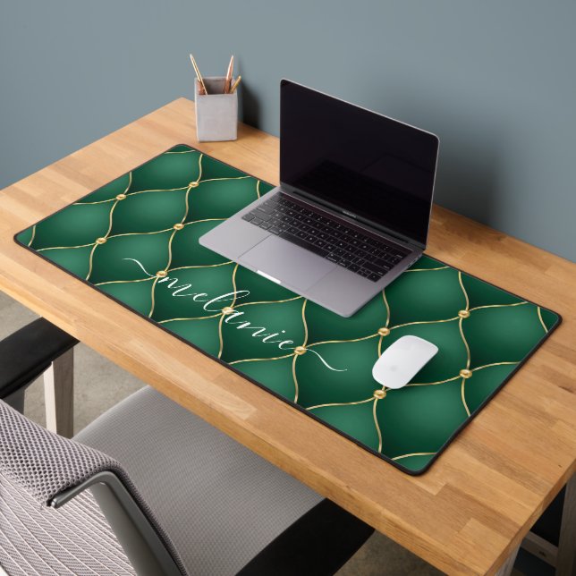 Ogee Gold Diamond Dark Emerald Green Custom Name Desk Mat (Office 2)