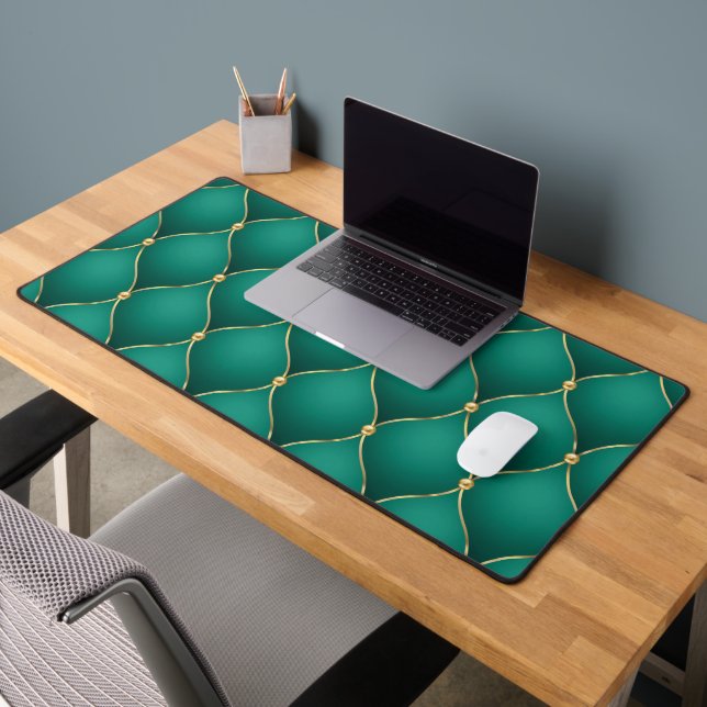 Ogee Gold Diamond Tufted Emerald Green Desk Mat (Office 2)