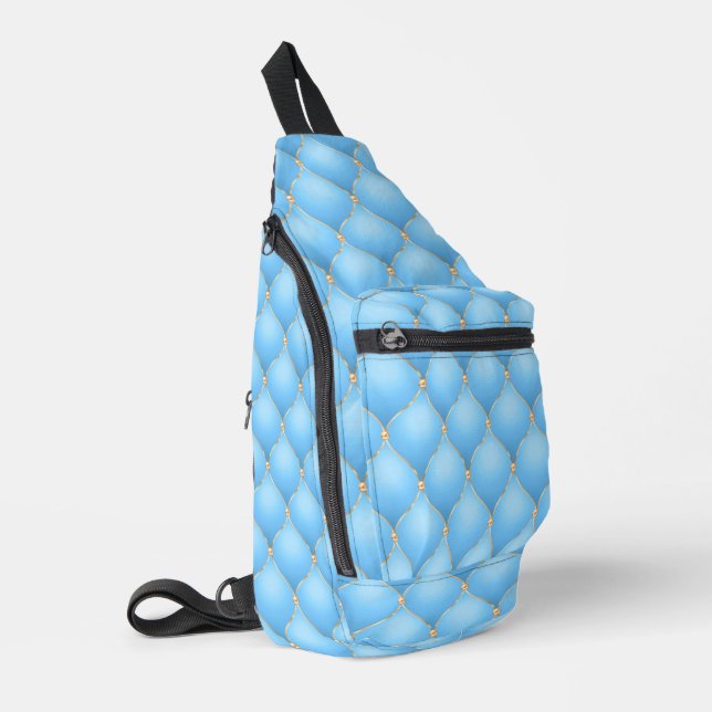 Ogee Gold Diamond Tufted Gemstone Sky Blue Sling Bag (Left Corner)
