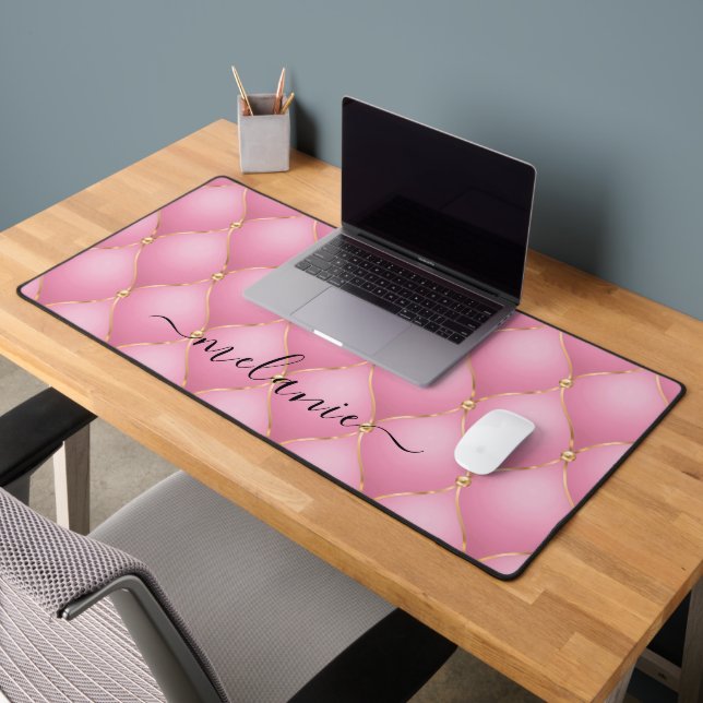 Ogee Gold Diamond Tufted Light Pink Custom Name Desk Mat (Office 2)
