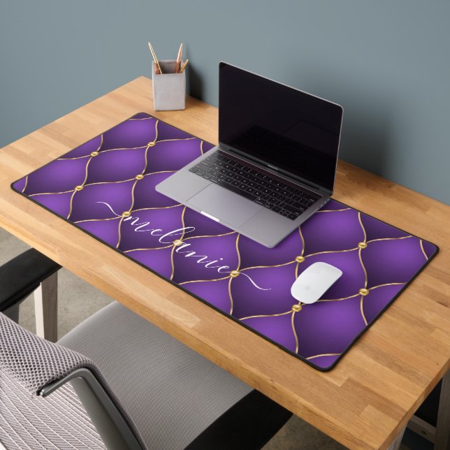 Ogee Gold Diamond Tufted Purple Custom Name Desk Mat (Office 2)