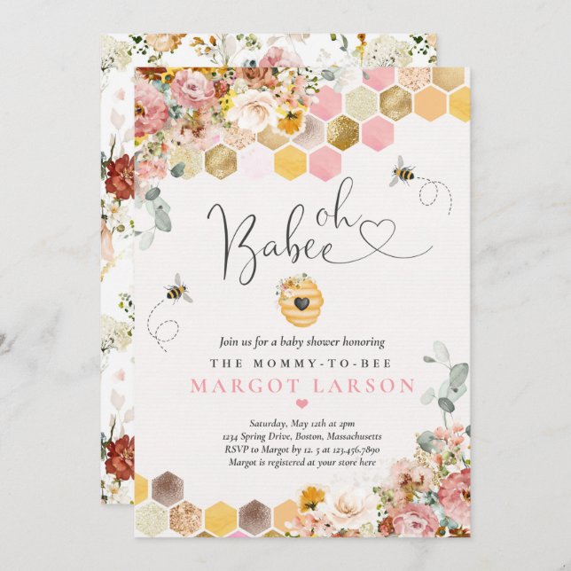 Oh Babee Bee Boho Wildflower Baby Shower Invitation (Front/Back)