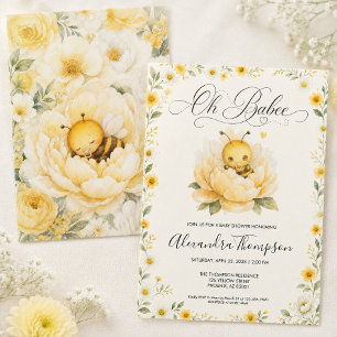 Oh Babee Bee Floral Yellow Watercolor Baby Shower Invitation