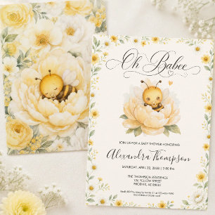 Oh Babee Bee Floral Yellow Watercolor Baby Shower Invitation