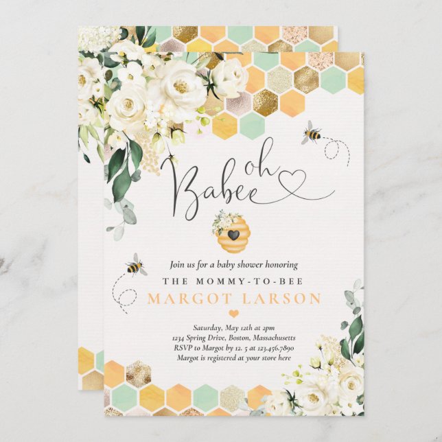 Oh Babee Greenery White Floral Baby Shower Invitation (Front/Back)