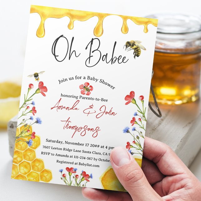 Oh Babee Yellow Bee Themed Floral Baby Shower  Invitation (Creator Uploaded)