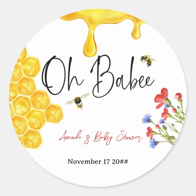 Oh Babee Yellow Honey Bee Floral Baby Shower Classic Round Sticker (Front)