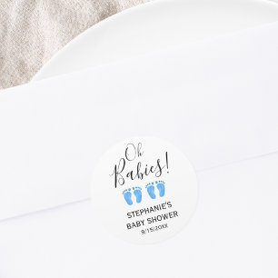 Oh Babies Blue Feet Twins Baby Shower Classic Round Sticker