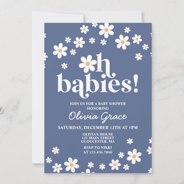 Oh Babies! Daisy navy blue Baby Shower Invitation (Front)