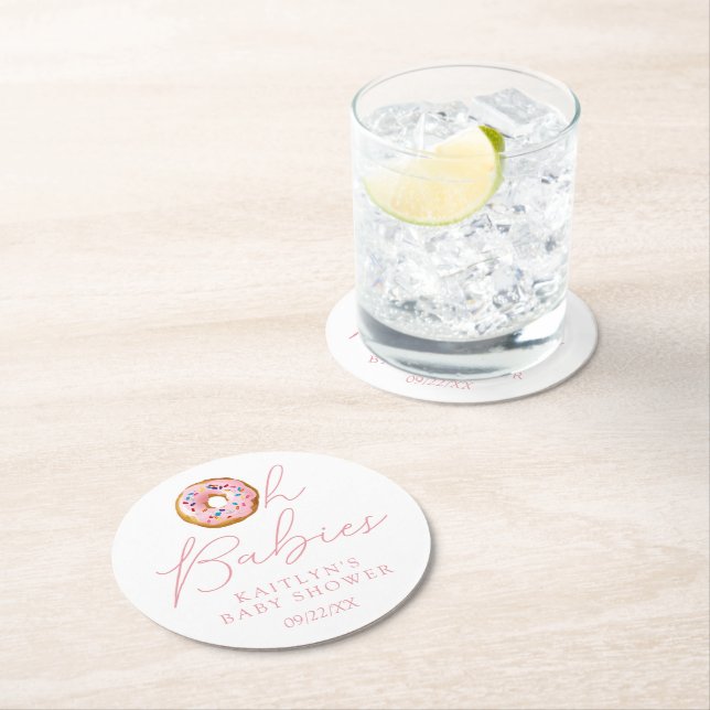 Oh Babies Doughnut Sprinkle Twin Girls Baby Shower Round Paper Coaster (Insitu)