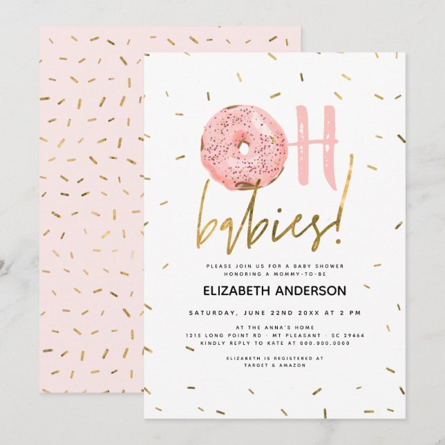Oh Babies Doughnut & Sprinkles Gold Girl Baby Show Invitation (Front/Back)