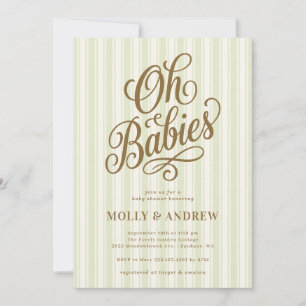 Oh Babies Green Striped Twin Baby Shower Invitation