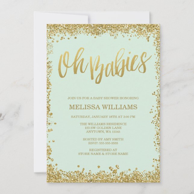 Oh Babies Mint Gold Glitter Baby Shower Invitation (Front)