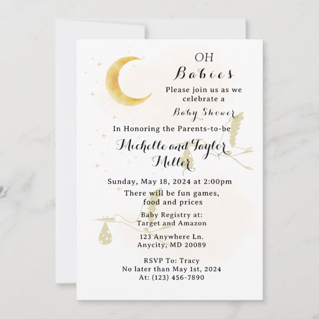 Oh Babies Neutral Twins Baby Shower Invitation (Front)